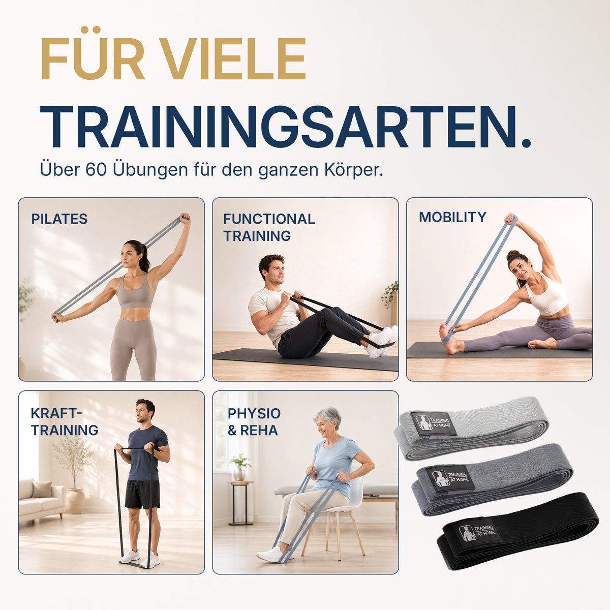 Training mit TRAINING AT HOME Widerstandsbändern: Pilates, Functional Training, Mobility, Krafttraining und physio-inspiriertes Training